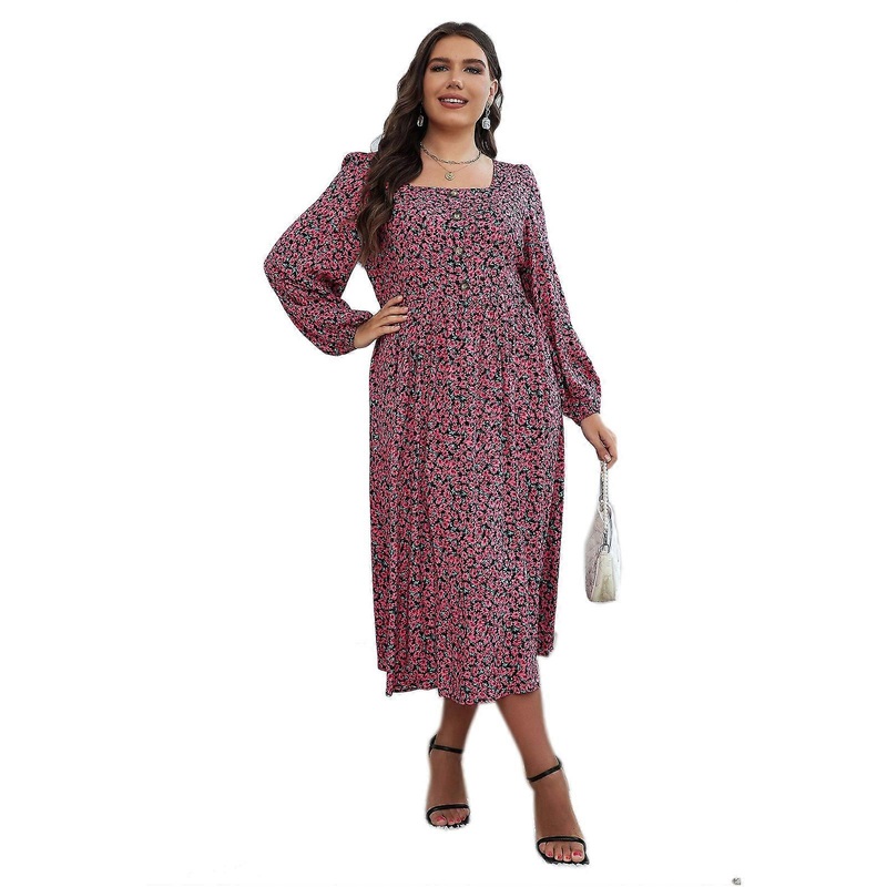 Women’s Plus Size Midi Dress Elegant Floral Print Dress Lantern Sleeve Dress A-line Dress Square Neck Button Front Dress  Rose red XL | Fruugo SG