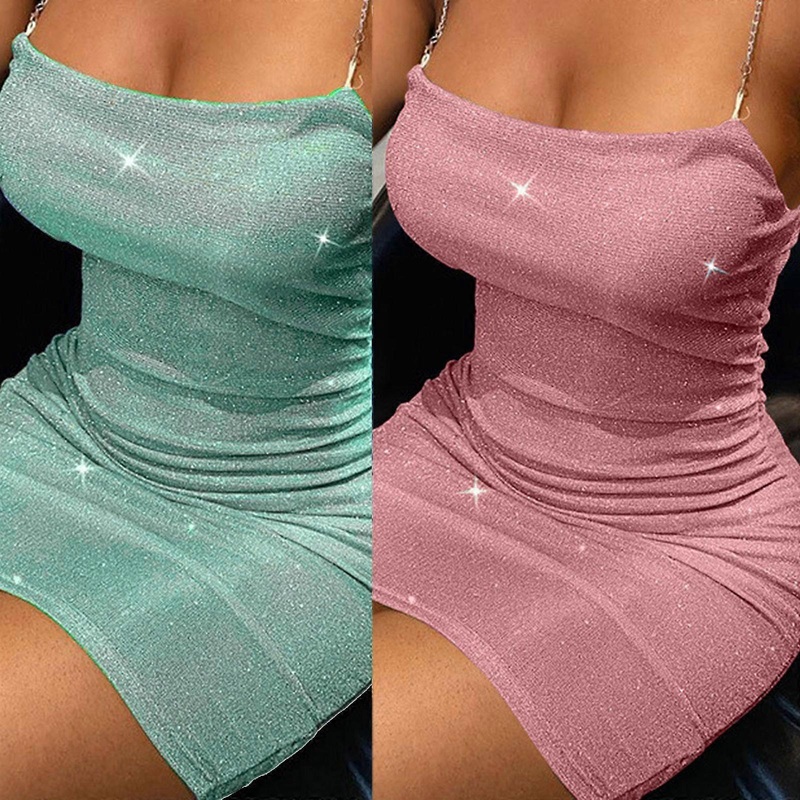 Women Sexy Glitter Spaghetti Chain Straps Ruched Bodycon Mini Wrap Dress Shiny Shimmer Sequins Backless Package Hip Cocktail Party Clubwear  XL Pink | Fruugo SG