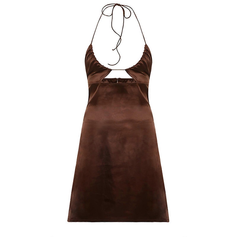 Women Sexy Hollow Out Halter Deep V-Neck Satin Mini Slim Cami Dress Solid Color Backless High Waist A-Line Sleeveless Party Clubwear  Brown S | Fruugo SG