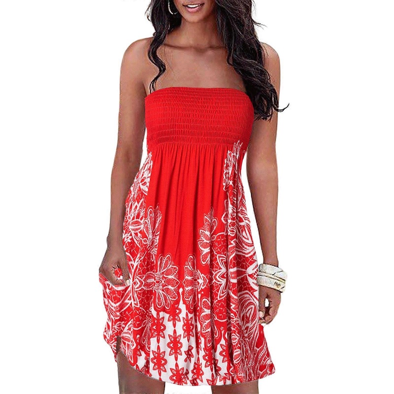 Women Shirred Chest Strapless Tube Top Dress Vintage Boho Floral Print Smocked High Waist Flowy Beach A-Line Dresses  Red XL | Fruugo SG
