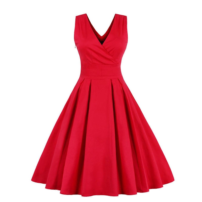 Women Sleeveless Sexy Deep V-Neck Midi Long Swing Dress Solid Color Empire Waist Pleated Flare Hem A-Line Cocktail Gown  Red XL | Fruugo SG