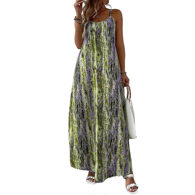 Women Spaghetti Strap Round Neck Maxi-Long Dress Boho Gradient Printed Flared Hem Beach Party Sleeveless Cami Dresses  Yellow XL | Fruugo SG