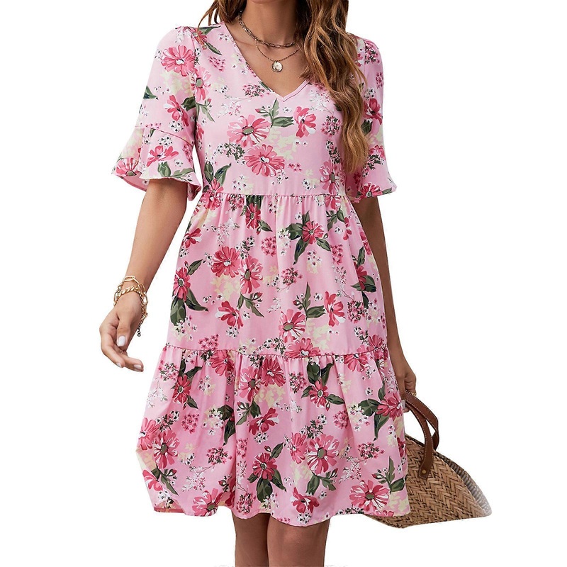 Women Summer Dresses 2023 Casual Flowy Beach V Neck Short Sleeve Swing Boho Floral Midi Dress  Pink XL | Fruugo SG