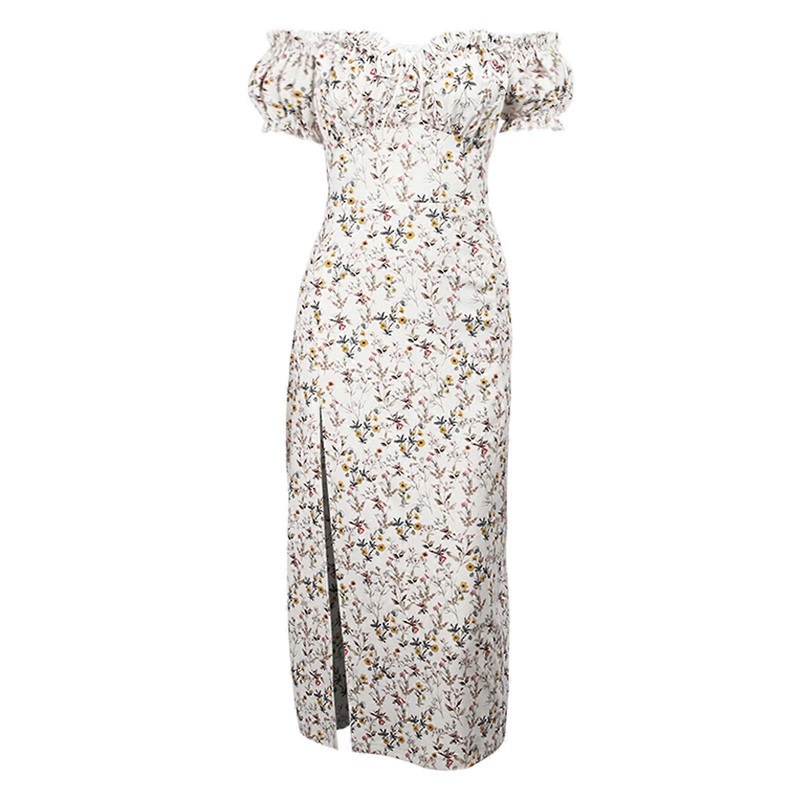 Women Summer Floral Midi Dresses Split Off Shoulder Puff Sleeve Elegant Slim Fitting Vintage Long Dress for Young Girls  apricot M | Fruugo SG