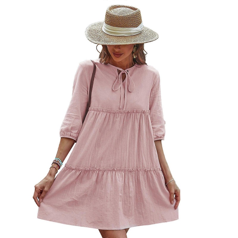 Women Summer Half Sleeve Lace-Up V-Neck Mini Swing Dress Boho Solid Color Tiered Ruffle Flare Hem Casual Loose A-Line Holiday Beach Sundress  XL | Fruugo SG