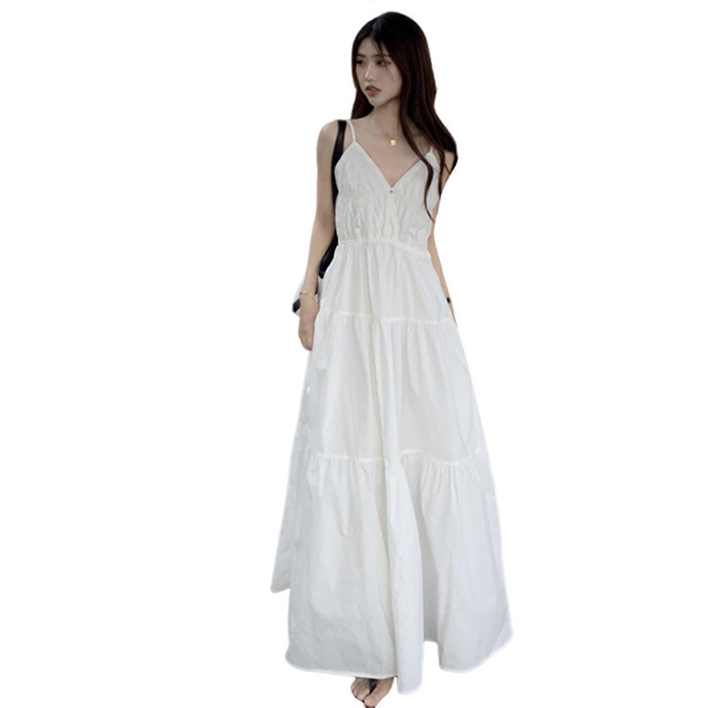 Women Summer V Neck Sleeveless Tied Backless Long Dress Thin Shoulder Straps Solid Tiered Flared Ruffle Swing A Line Dresses  White XL | Fruugo SG