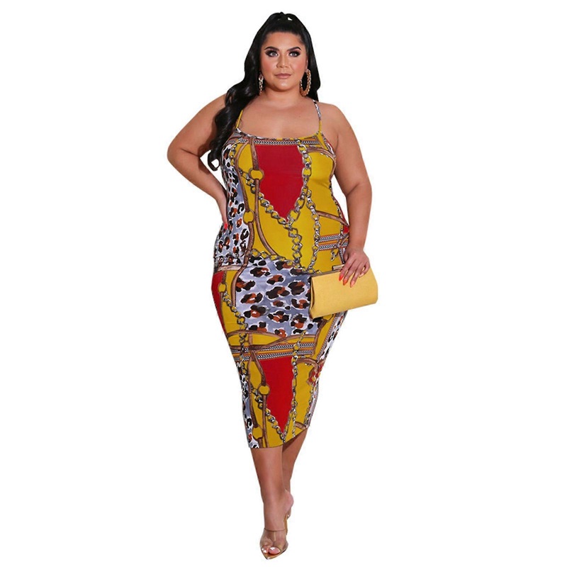 Womens Plus Size Sleeveless Sexy Crisscross Backless Party Midi Dress Vintage Chain Printed Bodycon Cocktail Sundress  Yellow XL | Fruugo SG