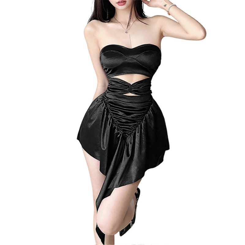 Womens Sexy Strapless Cutout Front Ruched A Line Short Tube Dress Backless Asymmetrical Ruffle Pleated Party Dresses  Black S | Fruugo SG