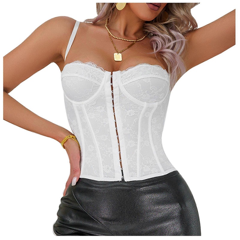 Womens Spaghetti Strap Hook Front Camisole Crop Top Sexy Low Cut Neck Floral Lace Fit Underwire Boned Corsets Vest  White XS | Fruugo SG