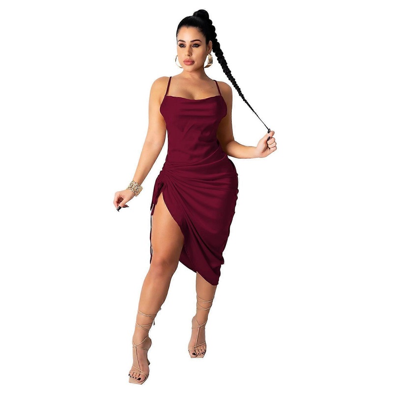 Womens Spaghetti Strap Satin Backless Midi Cami Dress Solid Color Cowl Neck Side Ruched Drawstring Split Party Dresses  Burgundy XL | Fruugo SG
