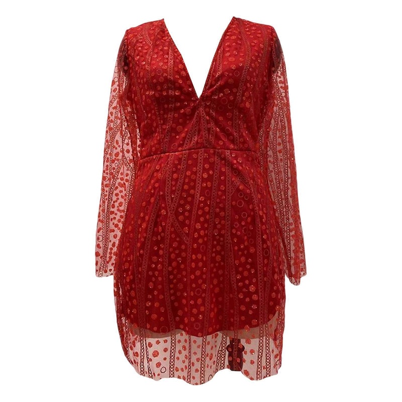 Womens Sparkly Sequins Long Sleeve Solid Color Bodycon Mesh Short Dress Sexy Deep V-Neck Cocktail Party Dresses Clubwear  Red XL | Fruugo SG
