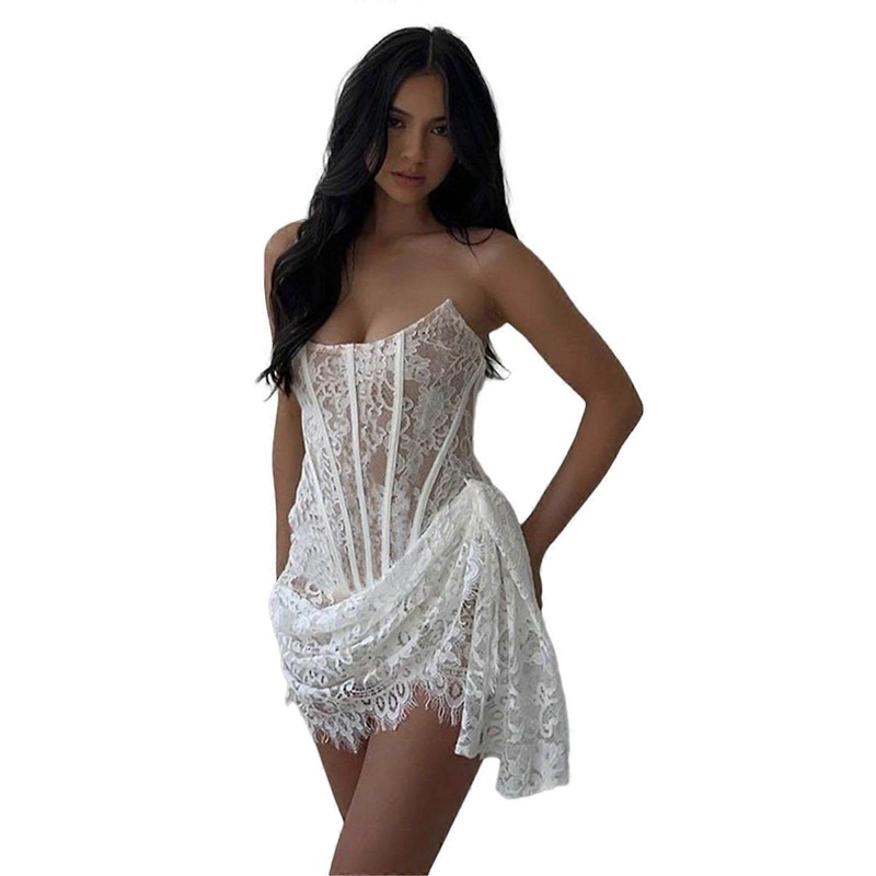 Womens Strapless Lace-Up Backless Corset Tube Dress Sexy Floral Lace Mesh Asymmetrical Ruched Package Hip Mini Dresses  White S | Fruugo SG