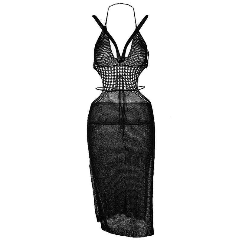 Womens Summer Crochet Sleeveless Tied Backless Midi Sweater Dress Hollow-Out Knit Beach Side Split Package Hip Dresses  Black S | Fruugo SG