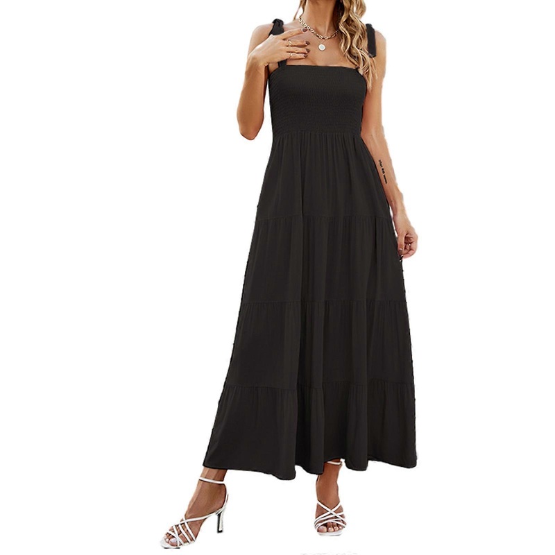 Womens Summer Square Neck Shirred Pleated Swing Long Dress Tie Strap Bohemian Floral Print Smocked Ruffle A-Line Dresses  Rayon black XL | Fruugo SG