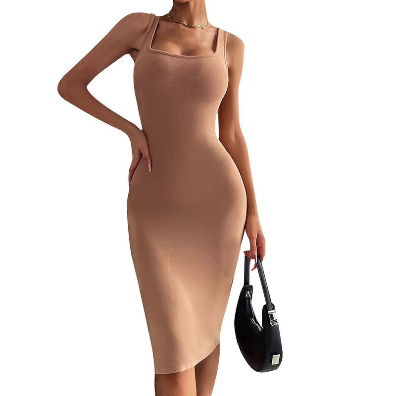 Womens Summer Tank Dress Sexy Square Neck Slim Fitted Sleeveless Bodycon Mini Short Dresses Club Party Dress  Khaki L | Fruugo SG