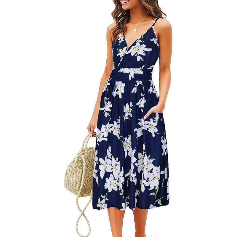 Womens Summer Vintage Spaghetti Strap Split Dress Casual V Neck Floral Printed Swing Dress Sleeveless Vacation Dresses  white blue S | Fruugo SG