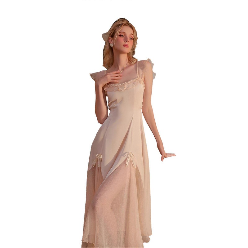 Cap Sleeve Frill Trim Bow Decor Nightgown Women Elegant Pure Color Mesh Splicing Satin Nightdress Sleepwear | Fruugo SG