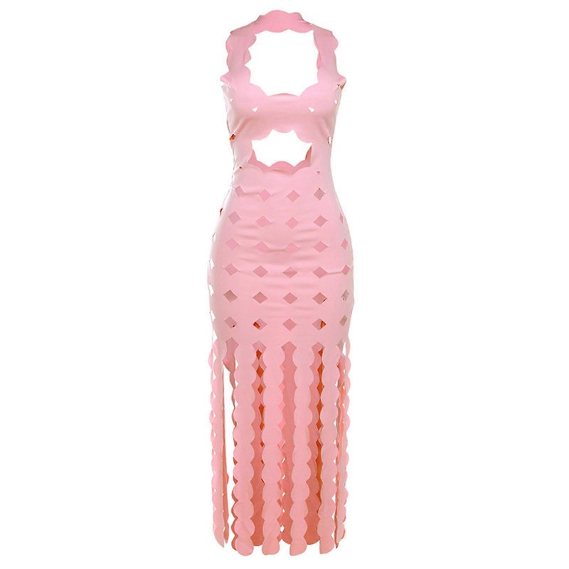 Chic Summer Sleeveless Halter Neck Dress Solid Hollow Out Backless Maxi Dress Perfect for Cocktail Party  Pink S | Fruugo SG