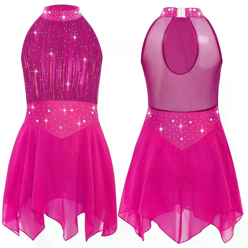 Children Girls Figure Skating Lyrical Dance Dress Sleeveless Shiny Rhinestones Sheer Mesh Chiffon Hem Leotard Dresses Dancewear | Fruugo SG