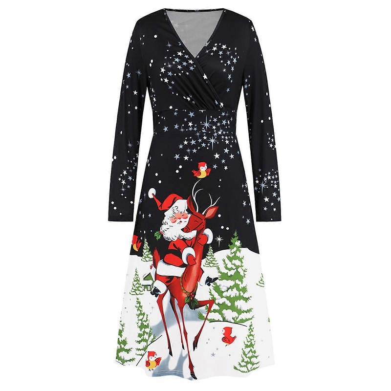 Christmas Dresses Cute Winter Themed Dresses Instant Holiday Outfits Long Sleeve V Neck Christmas Printed Midi Dress  hei1 S | Fruugo SG
