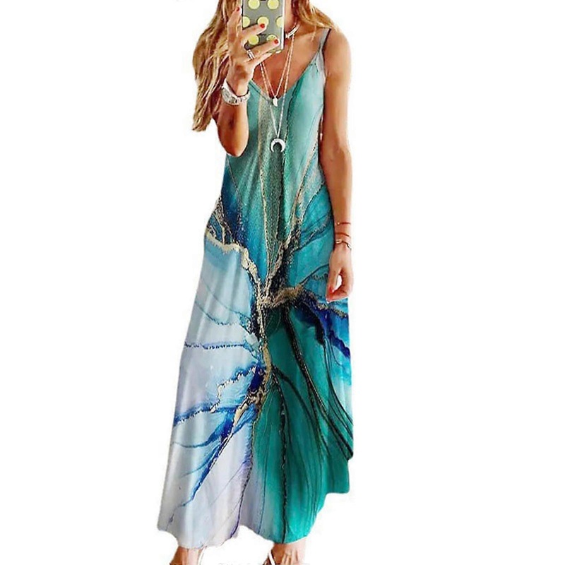 Eye-catching Printed Dress Women Summer Dress Suspender Strap Dress High-waisted Print Sleeveless Dresses for Girl  green 1 S | Fruugo SG