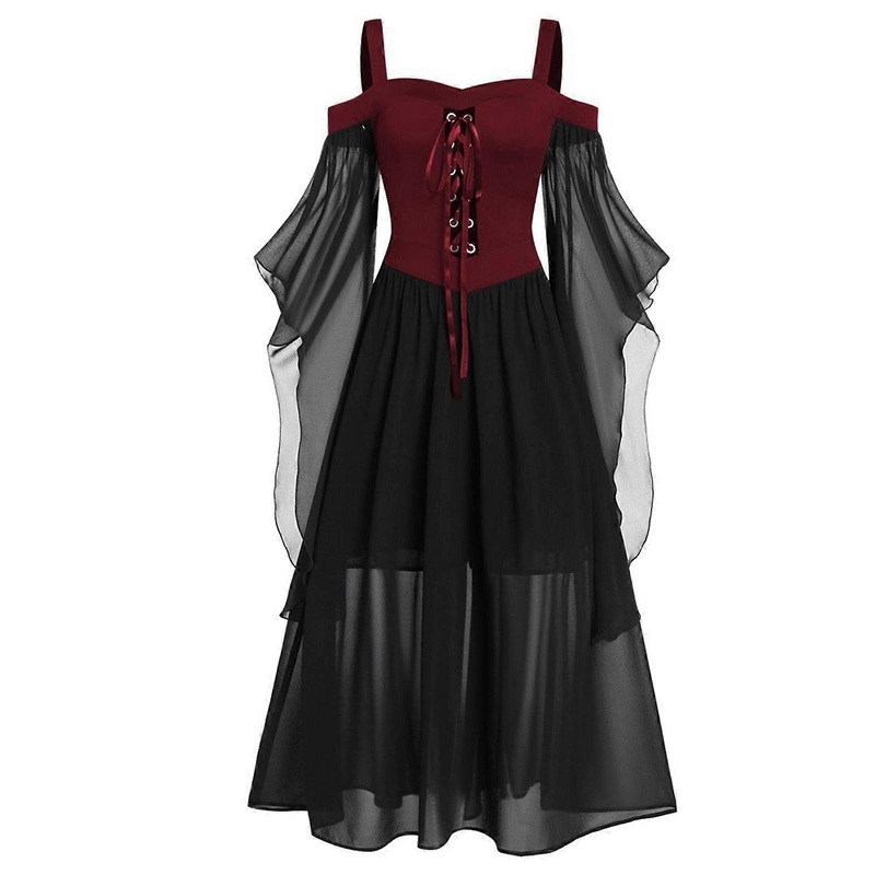 Gothic Lace Maxi Dress with Butterfly Sleeves Vintage Black Witch Costume for Halloween Party  Burgundy XL | Fruugo SG