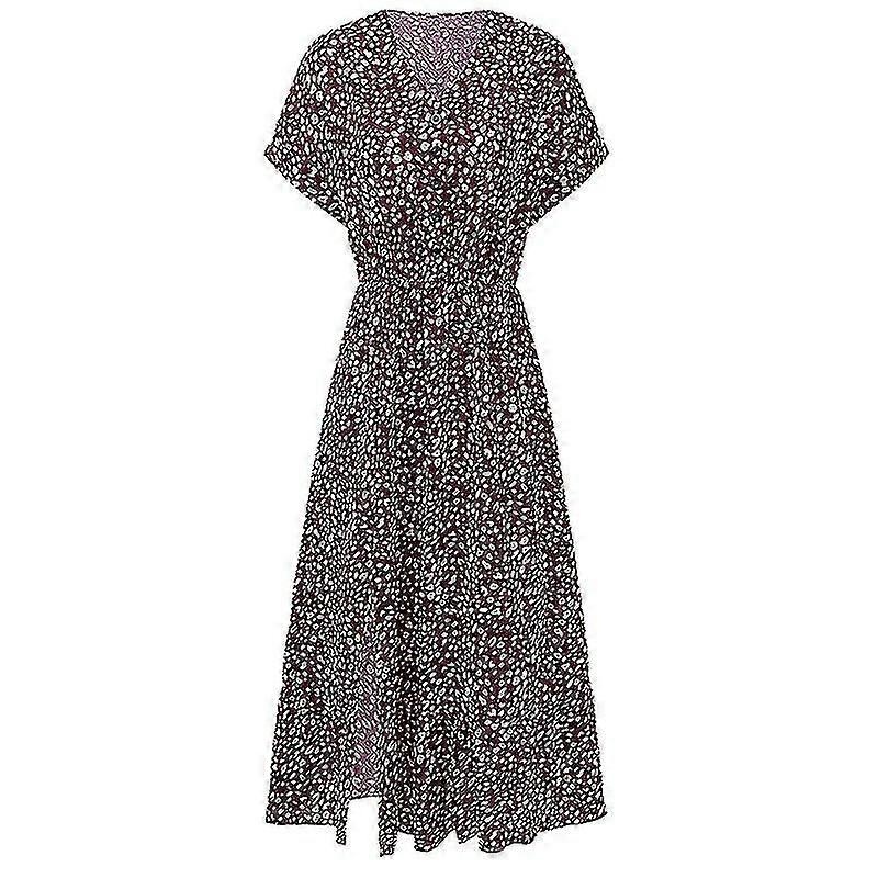 Ladies Leopard Swing Long Dress Short Sleeve V Neck Tie Waist Split Maxi Dress | Fruugo SG