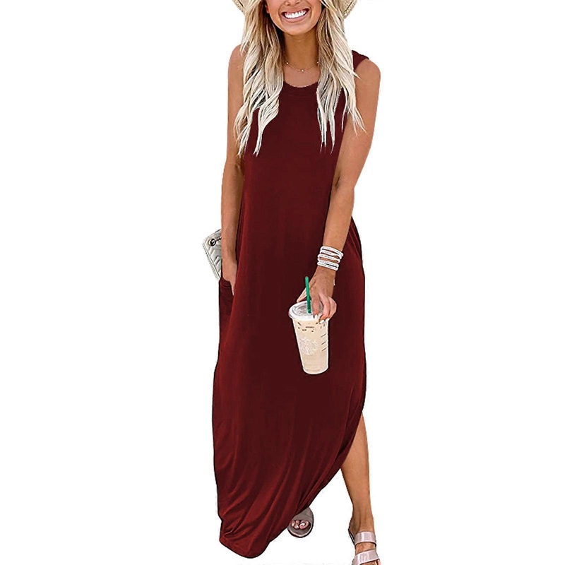 Ladies Sleeveless Dress Long Dress Womens Split Maxi Dress Solid Color Casual Dress Summer Holiday Dress  Loose Sundress  Burgundy XL | Fruugo SG