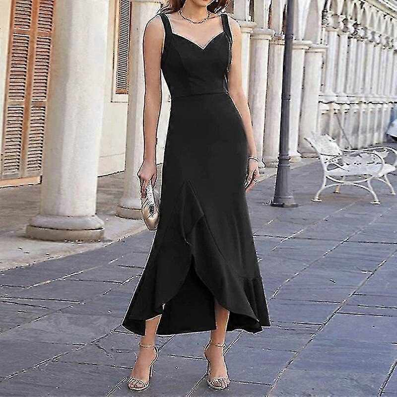 Ladies Solid Color Slip Dress Split Evening Gown Ruffle Sleeveless Long Maxi Dresses | Fruugo SG