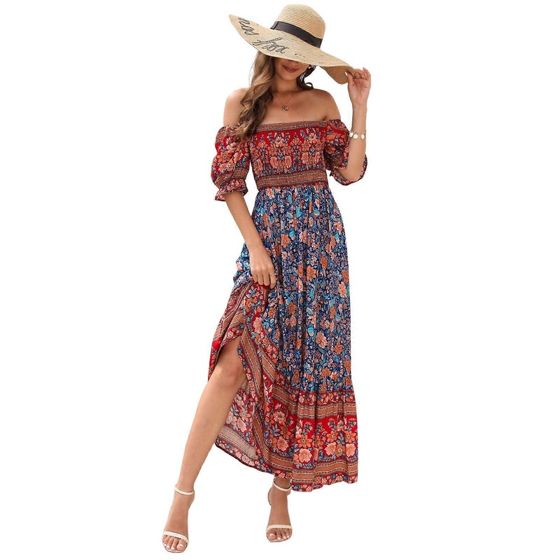 Off The Shoulder Puff Sleeve Dress for Women Casual Smocked Bohemian Floral Print Flowy Long Dresses  Red XL | Fruugo SG