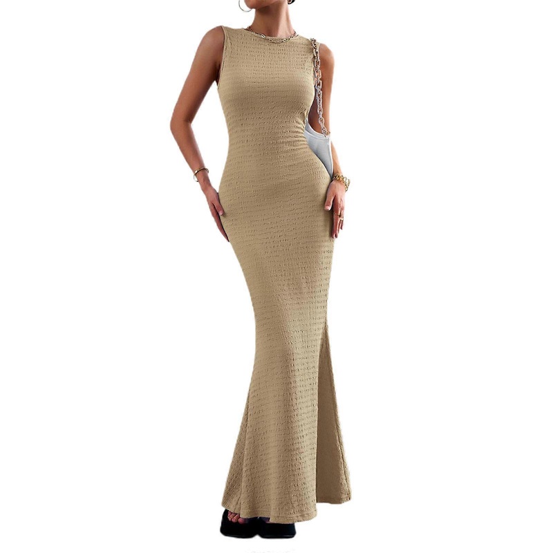Sexy Round Neck Long Dress Chic Sleeveless Ribbed Bodycon Maxi Dress for Women  Khaki XL | Fruugo SG