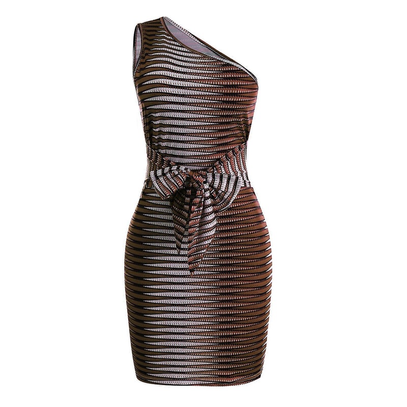 Sexy Women One Shoulder Sleeveless Dress Lace Up Dress Slim Striped Print Bodycon Dress Nice Hip Wrap Dress for Summer  coffee L | Fruugo SG