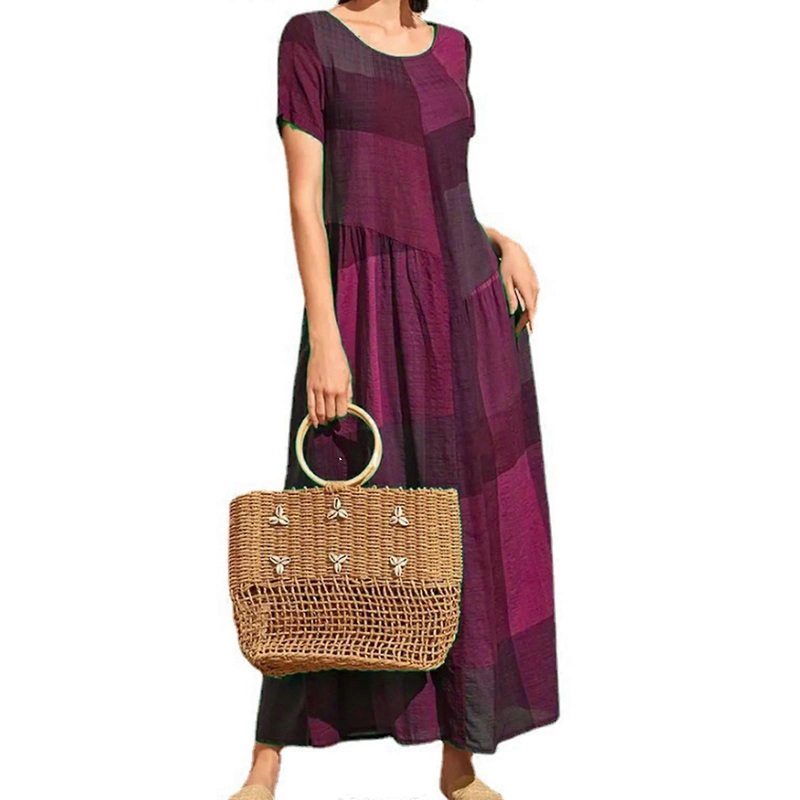 Short Sleeves A-line Dress O-neck Casual Check Long Dresses Spring Summer Office Wearing Clothing for Women Daily  Red L | Fruugo SG