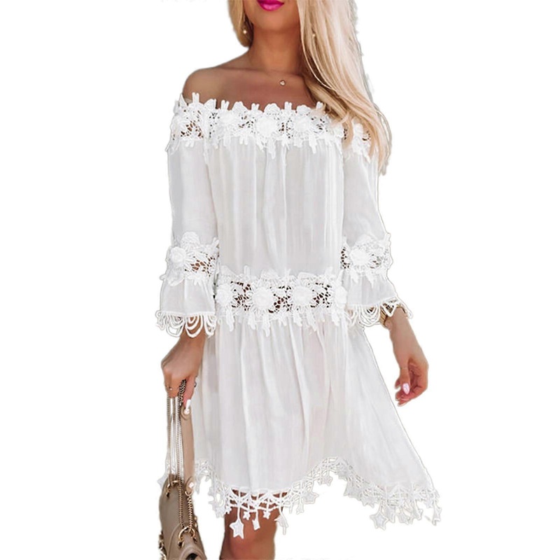 Strapless Long Sleeve Dress Loose Sexy Off Shoulder Lace Dresses Women Maxi Dress Women Solid Color Beach Dress  White XL | Fruugo SG