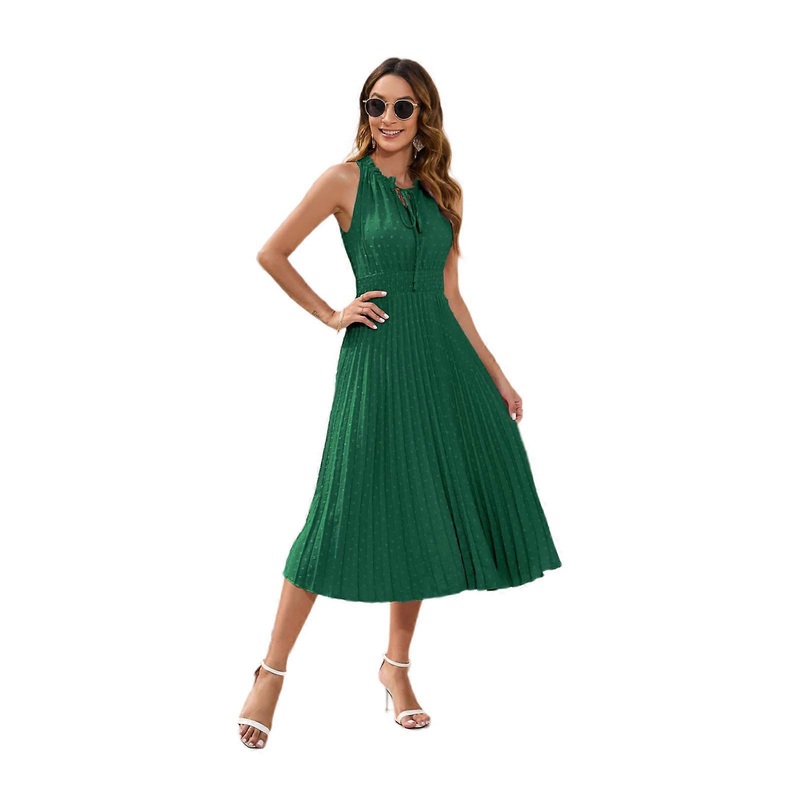 Summer Dot Dress Womens Pleated Midi Sleeveless O-Neck A-line Casual Dress Beachwear Party Vacation Dress  Green XXL | Fruugo SG