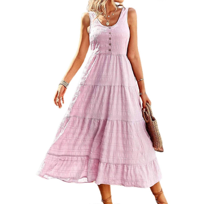 Summer Suspender Skirt Women U-neck Sleeveless Dress Front Button Designed Large Swing Long Dress for Girl Lady  Pink S | Fruugo SG