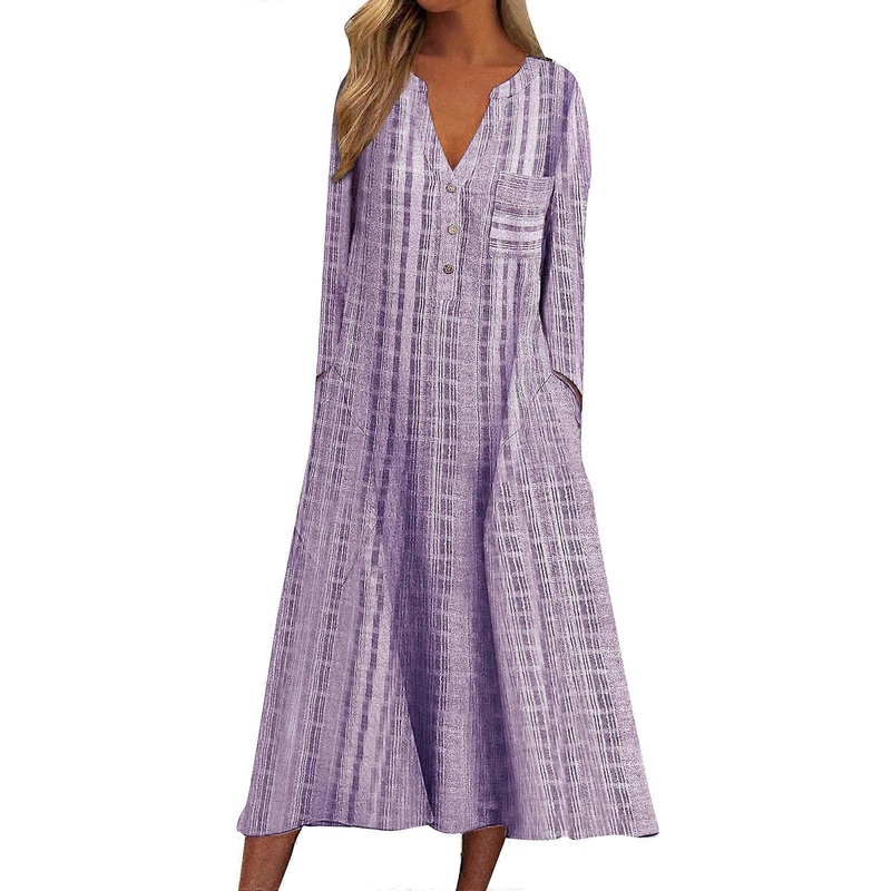 Versatile Long Sleeve Dress with Striped Design Button V Neck Dresses Great for Casual Outings and Date Nights  Lavender XL | Fruugo SG