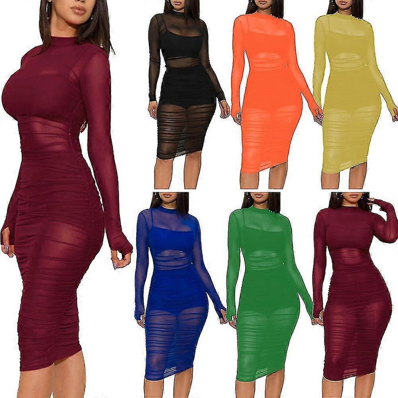 Women#39;s Sheer Mesh Bodycon Dress Ruched Mock Neck Midi Sheer Dress | Fruugo SG