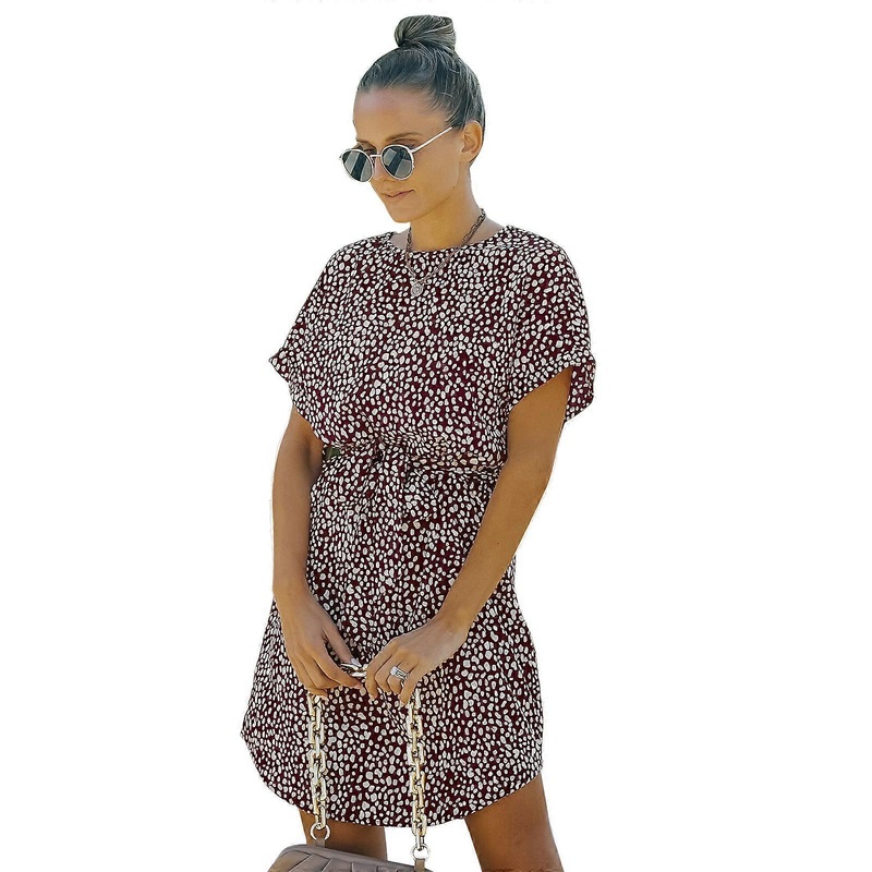 Women Batwing Short Sleeve Round Neck Curved Hem Midi Dress Boho Leopard Print Tie Waist A-Line Chiffon Beach Sundress  Jujube red XL | Fruugo SG