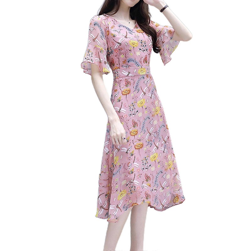 Women Bell Sleeve V-Neck Floral Print Asymmetric Ruffle A-Line Midi Swing Dress | Fruugo SG