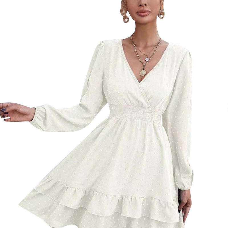 Women Fall Long Sleeve Ruffle Layer Swing Mini Dress Tunic Short Dress for T Shirt V Neck Long Sleeve Loose Dress Mini D  White XL | Fruugo SG