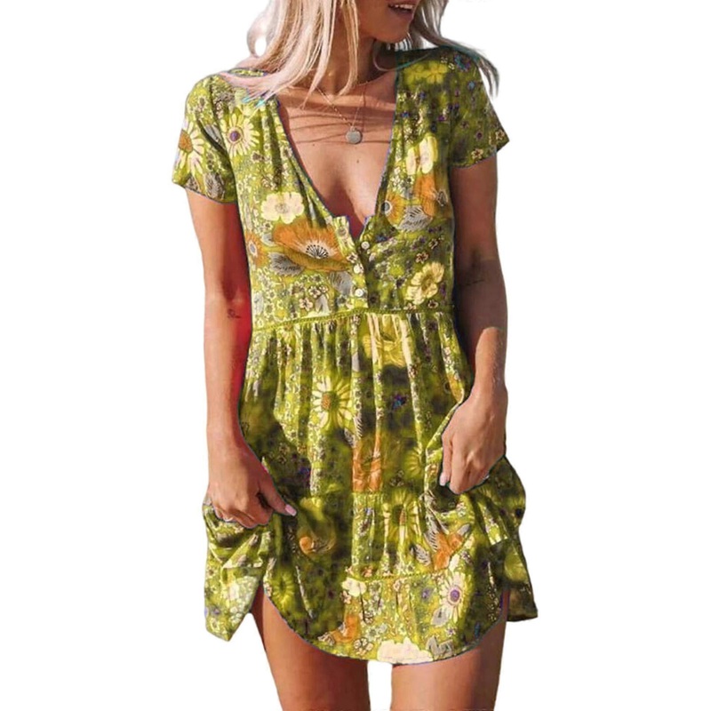 Women Floral V Neck Mini Dress Resort Beach Sundress | Fruugo SG