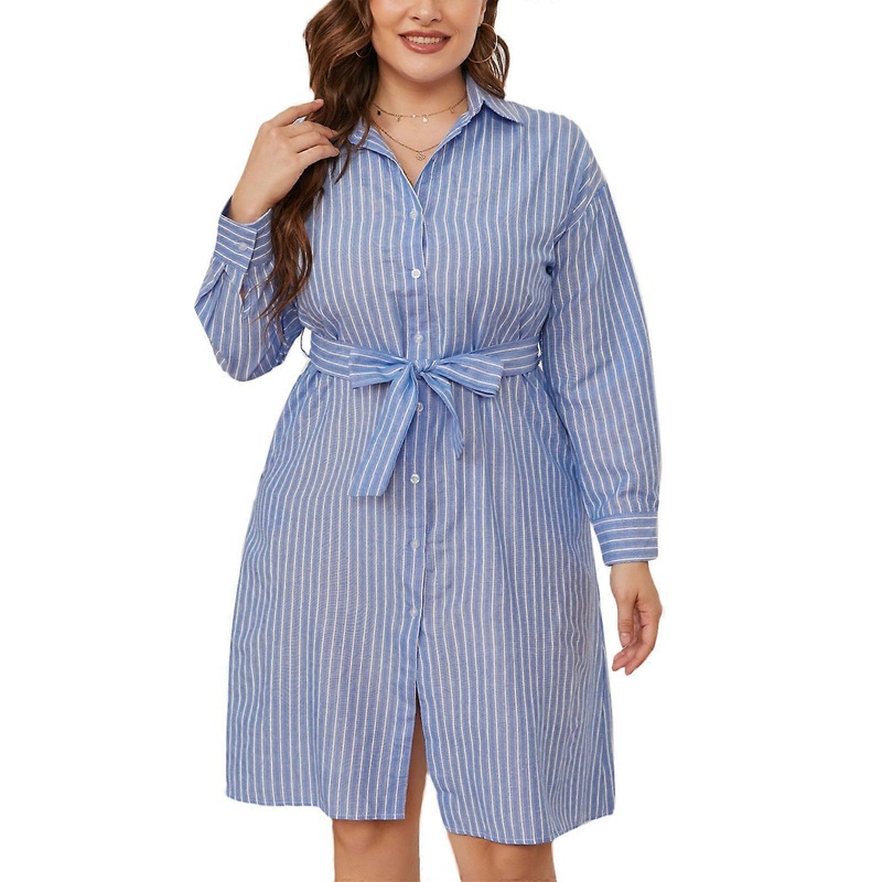 Women Long Sleeve Lapel Button Down Stiped Tie Waist Loose Midi Long Shirt Dress  XL | Fruugo SG
