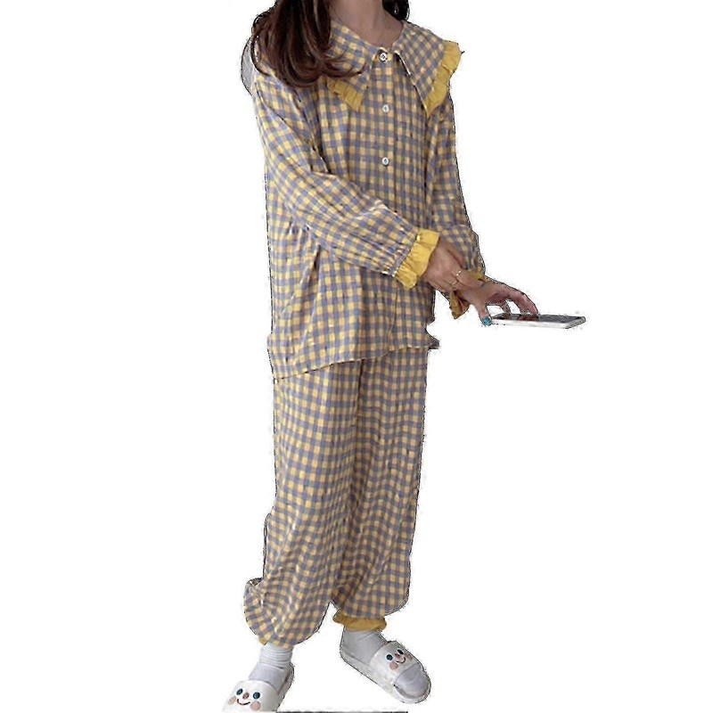 Women Long Sleeve Pajamas Set Spring Autumn Casual Lovely Loose Plaid Pattern Ruffle Women Long Sleeve Sleepwear | Fruugo SG