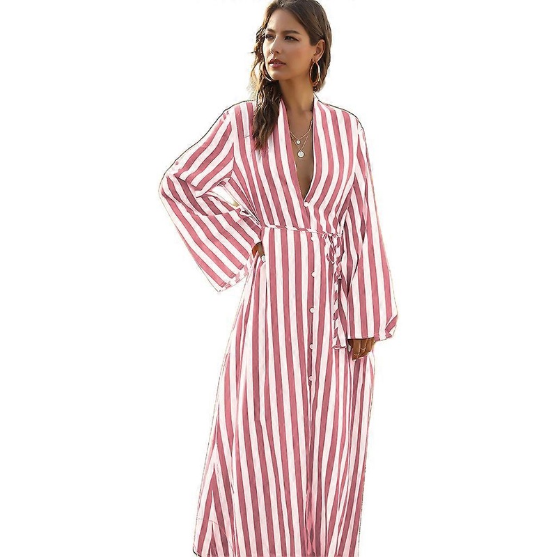 Women Long Sleeve Sexy V-Neck Flowy Maxi Dress Striped Print Button Cardigan | Fruugo SG