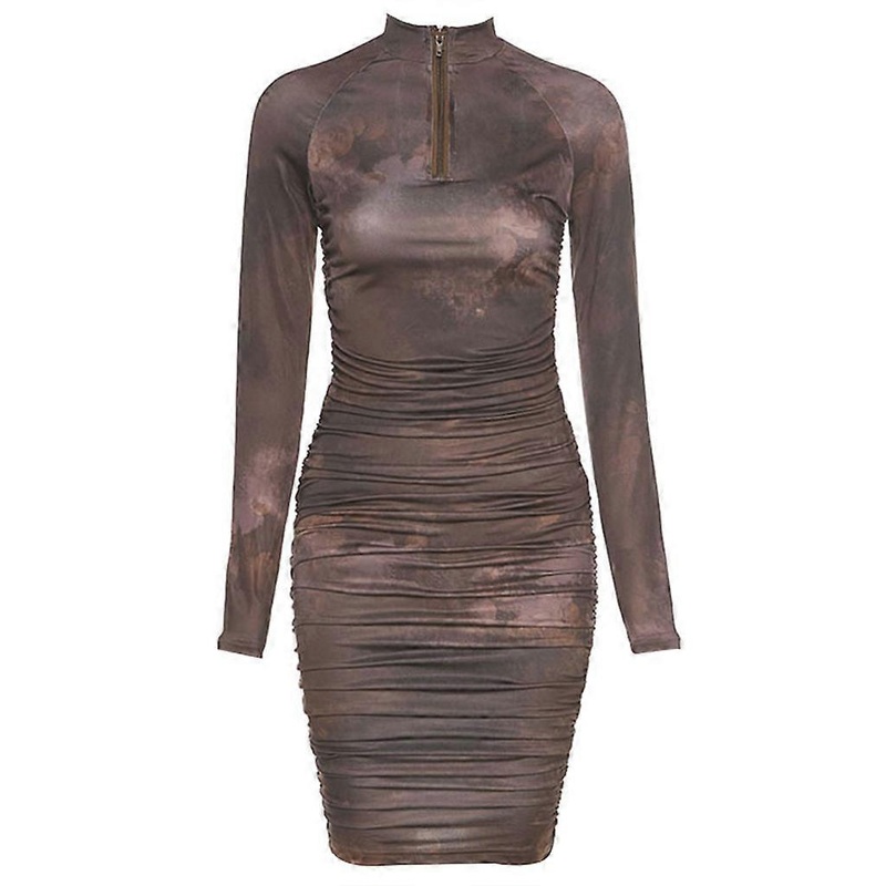 Women Long Sleeves Sexy Bodycon Midi Pencil Dress Gradient Tie-Dye Print Turtleneck Half Zip Up Ruched Pleated Clubwear  Khaki XL | Fruugo SG