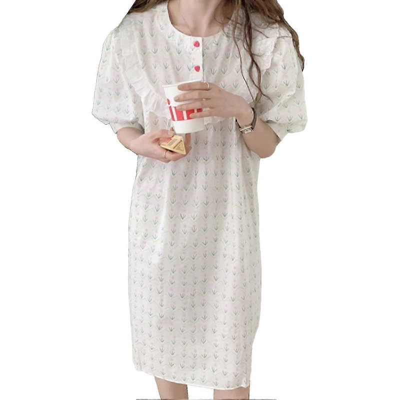 Women Nightgown Crew Neck Short Puff Sleeve Floral Print Lace Trim Loose Fitting Loungewear Sleep Dress | Fruugo SG