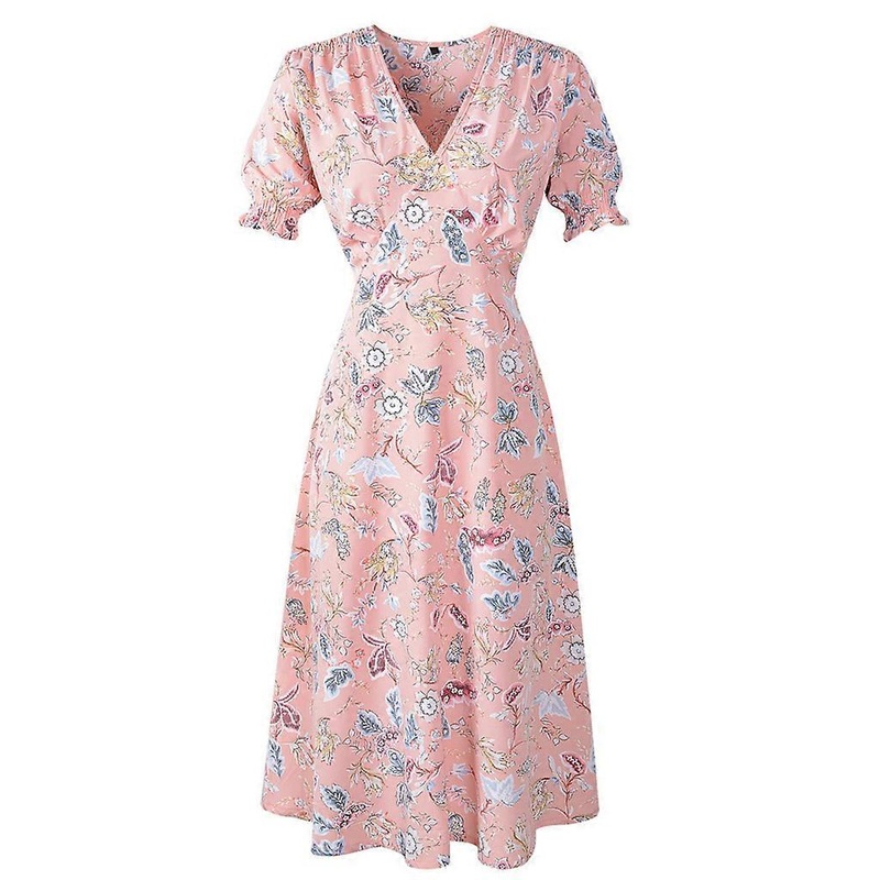 Women Puff Short Sleeve Sexy Deep V-Neck Midi Long Dress Bohemian Floral Print High Waist A-Line Loose Swing Sundress | Fruugo SG
