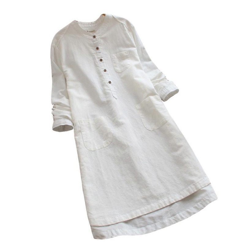 Women Retro Cotton Linen Long Sleeve Casual Loose Solid Long Tops Blouse Mini Sh | Fruugo SG