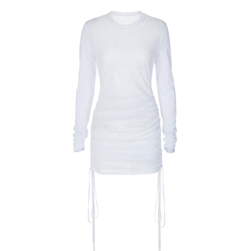 Women’s Mini Sexy Dress Crew Neck Long Sleeve Tunic Dress Hip Dress Autumn Slim Crochet Short Ruched Dress for T Shirt D  White M | Fruugo SG